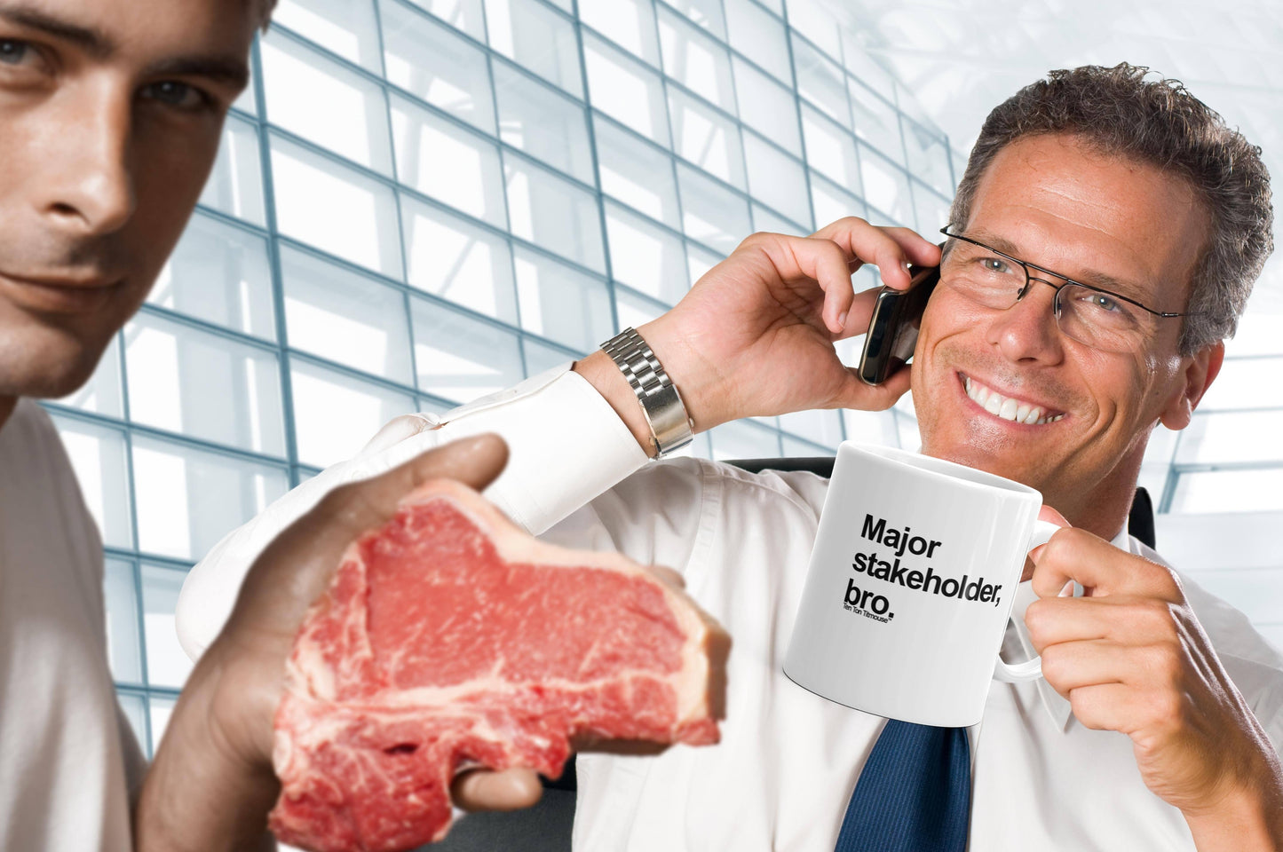 funny office mug: major stakeholder, bro - stock photo of business guy holding mug with another guy photobombing holding a steak