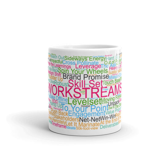 Funny coffee mug: Corporate buzzwords word cloud. Workstreams.
