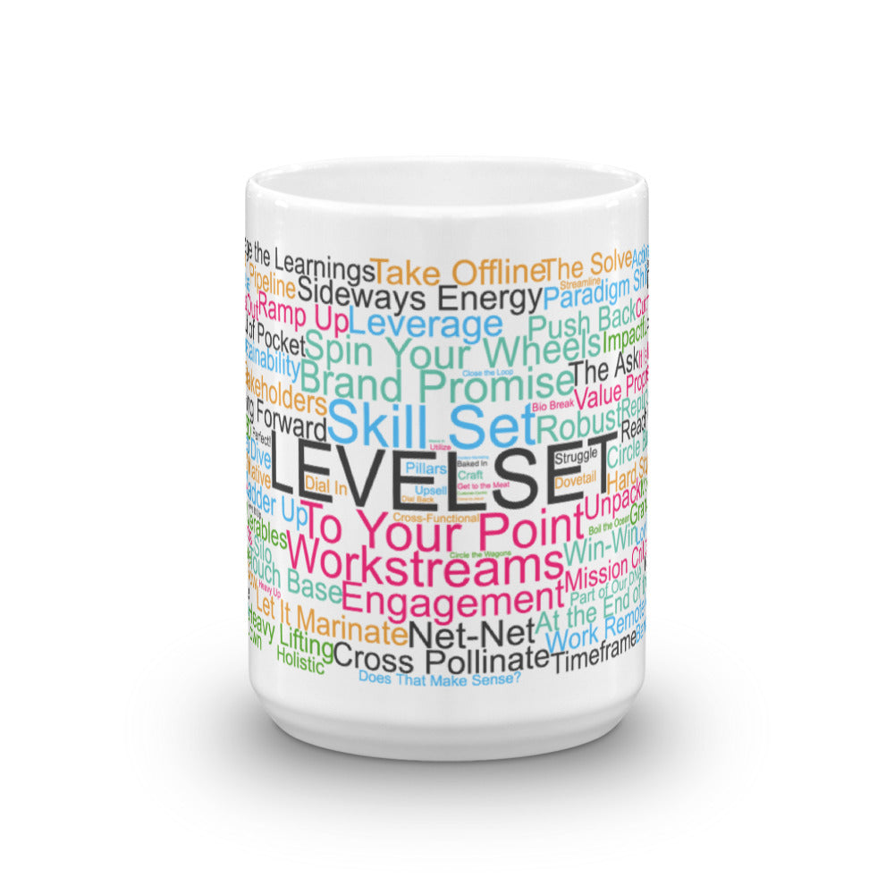 Funny coffee mug: Corporate jargon word cloud. Levelset.