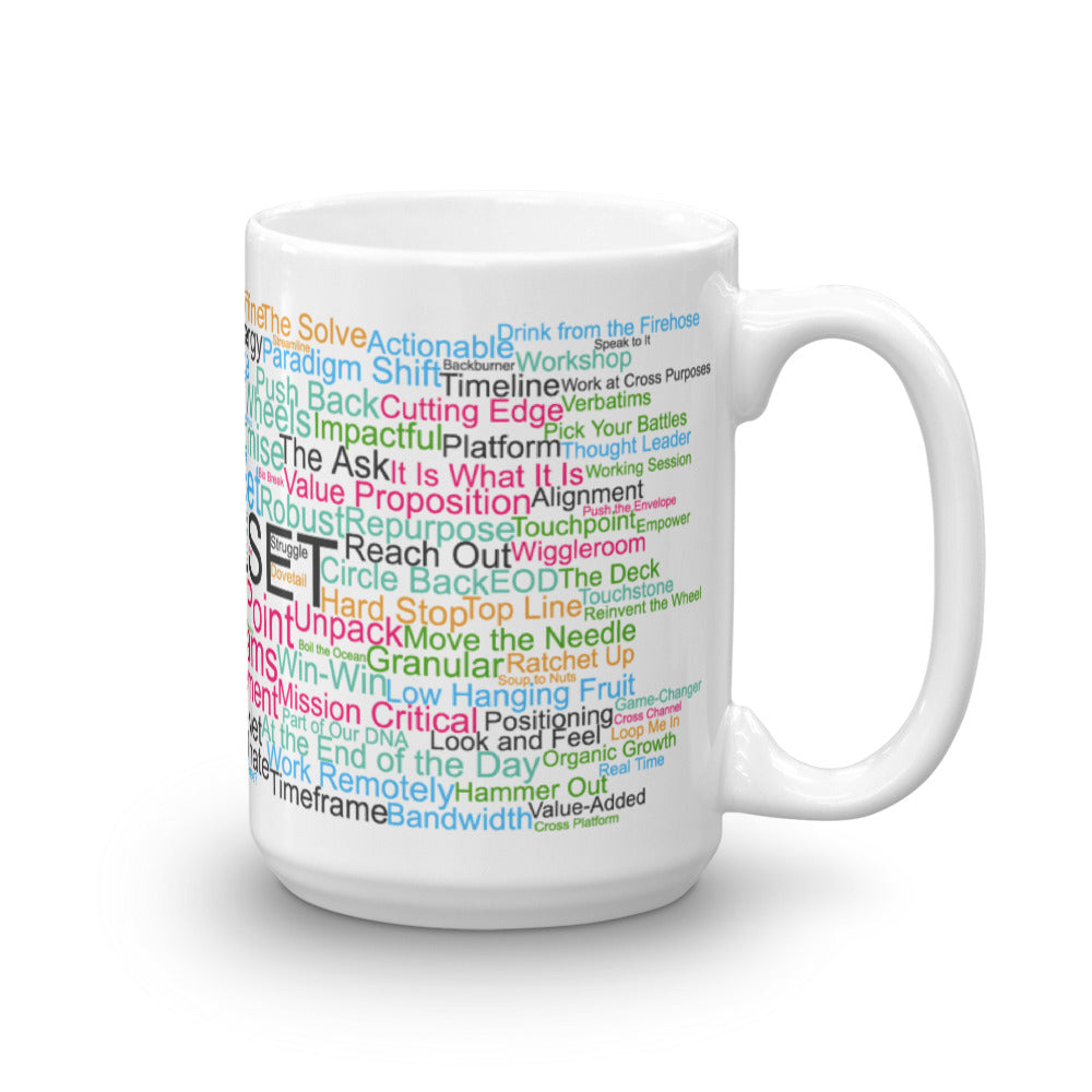 Funny coffee mug: Corporate jargon word cloud. Levelset.