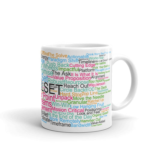 Funny coffee mug: Corporate jargon word cloud. Levelset.