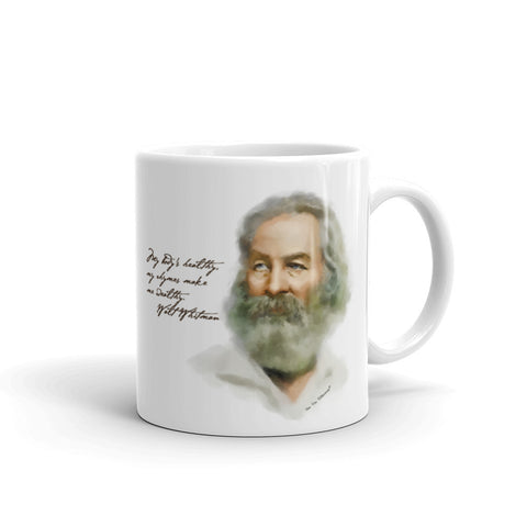 Funny coffee mug: Walt Whitman portrait with quote. "My body's healthy. My rhymes make me wealthy." Word of Wisdom