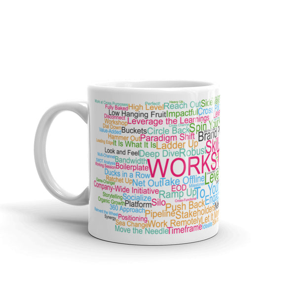 Funny coffee mug: Corporate buzzwords word cloud. Workstreams.