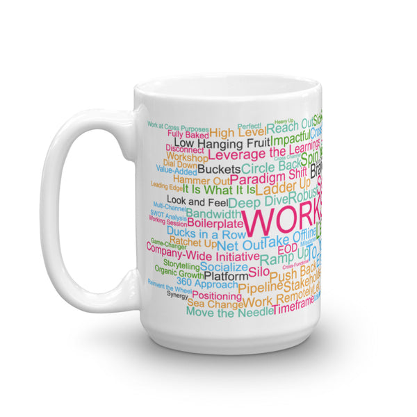 Funny coffee mug: Corporate buzzwords word cloud. Workstreams.