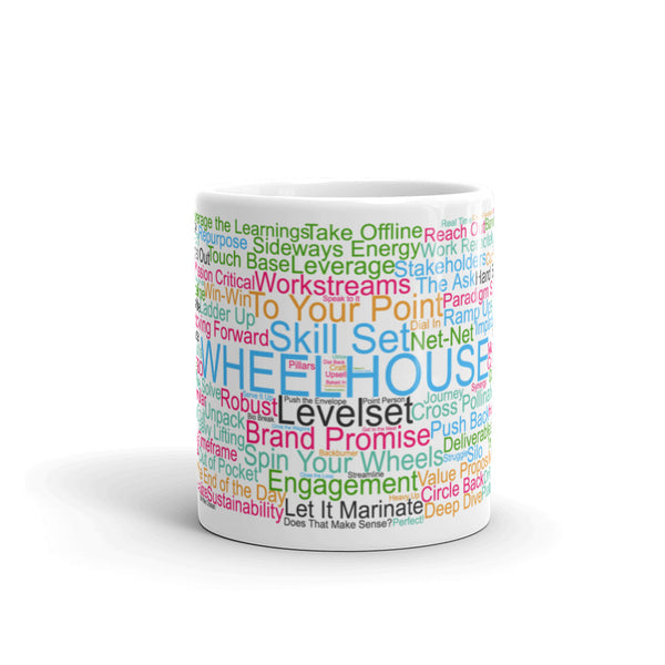 Funny coffee mug: Corporate buzzwords word cloud. Wheelhouse.