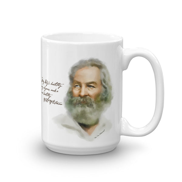 Funny coffee mug: Walt Whitman portrait with quote. "My body's healthy. My rhymes make me wealthy." Word of Wisdom