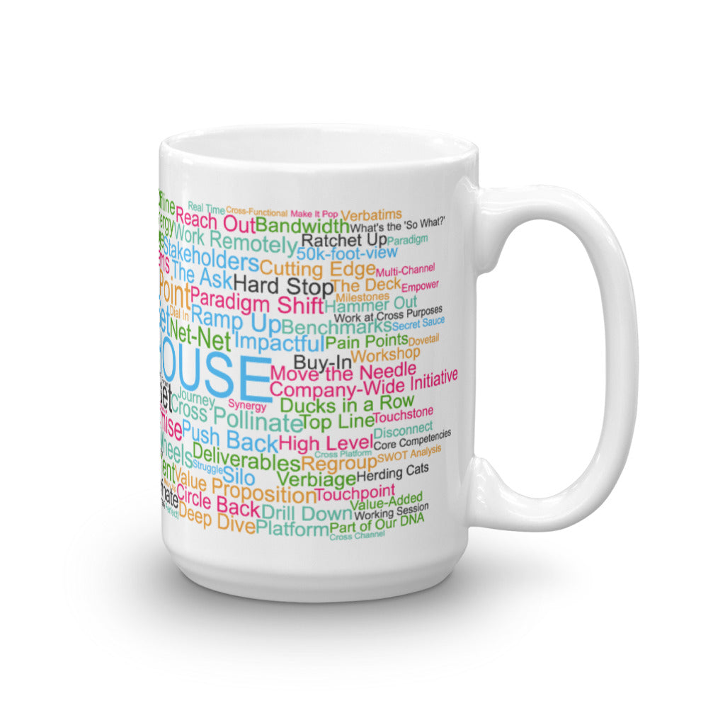 Funny coffee mug: Corporate buzzwords word cloud. Wheelhouse.