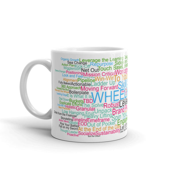 Funny coffee mug: Corporate buzzwords word cloud. Wheelhouse.