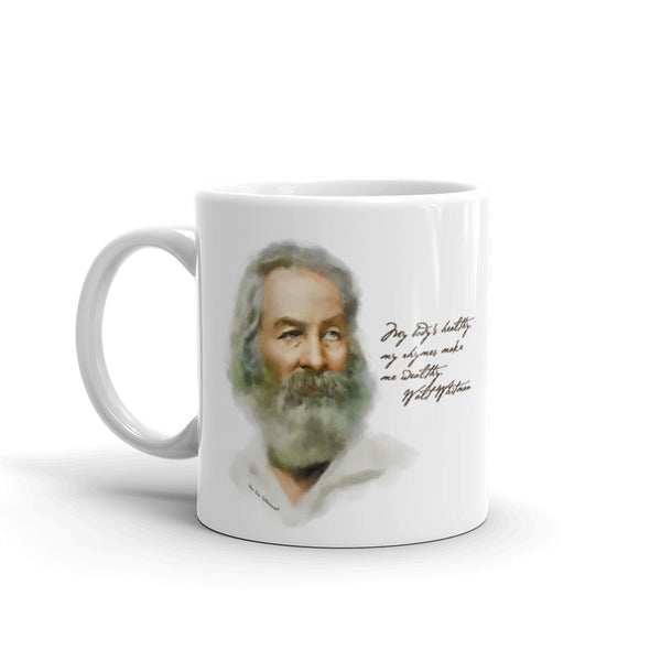 Funny coffee mug: Walt Whitman portrait with quote. "My body's healthy. My rhymes make me wealthy." Word of Wisdom