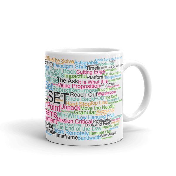 Funny coffee mug: Corporate jargon word cloud. Levelset.