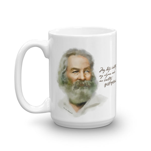 Funny coffee mug: Walt Whitman portrait with quote. "My body's healthy. My rhymes make me wealthy." Word of Wisdom