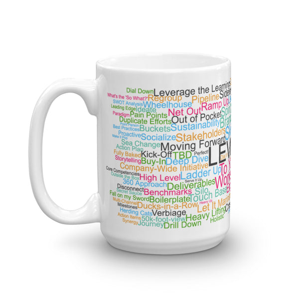 Funny coffee mug: Corporate jargon word cloud. Levelset.