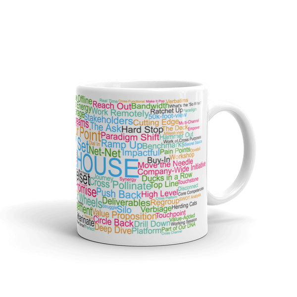 Funny coffee mug: Corporate buzzwords word cloud. Wheelhouse.
